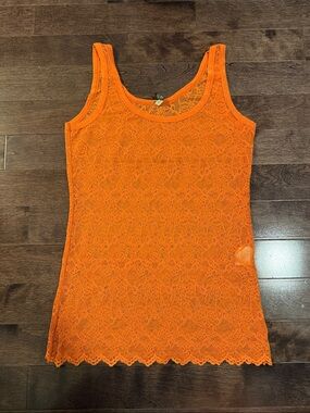 Tenax Sheer Lace Scoop Neck Tank Top - Orange